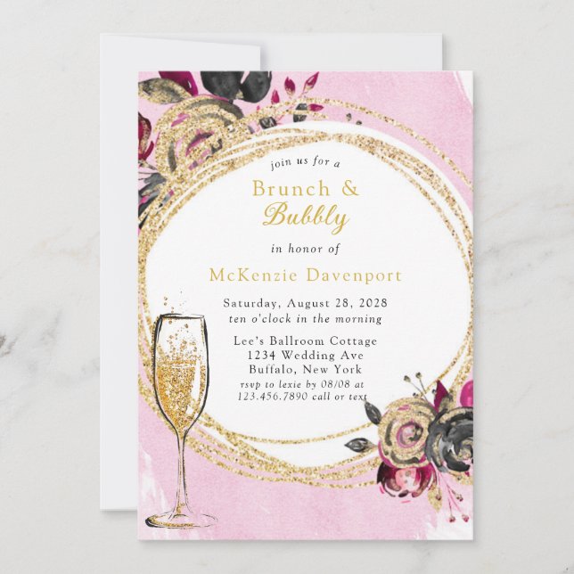 Hot Pink Black Peony Gold Brunch & Bubbly Invitation (Front)