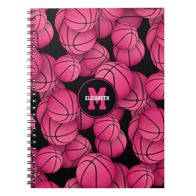 hot pink black personalised girls basketball  notebook (Front)