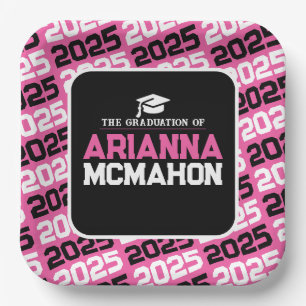 Hot Pink & Black Personalised Graduation Paper Plate