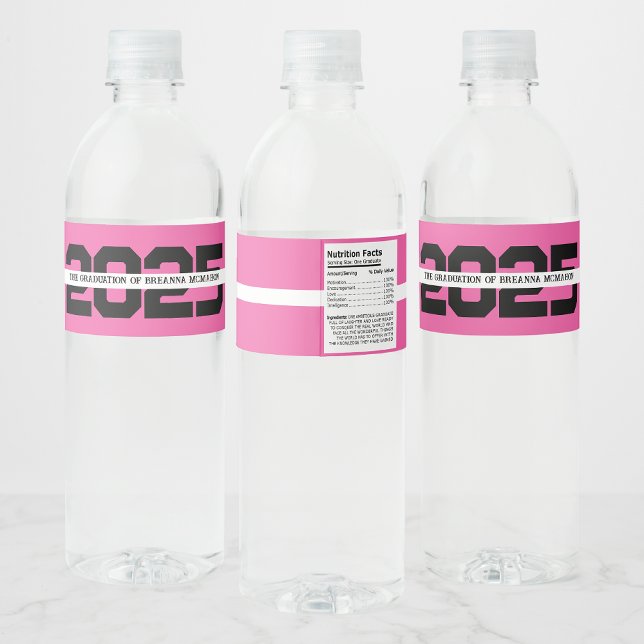 Hot Pink & Black Personalised Graduation Water Bottle Label (Creator Uploaded)