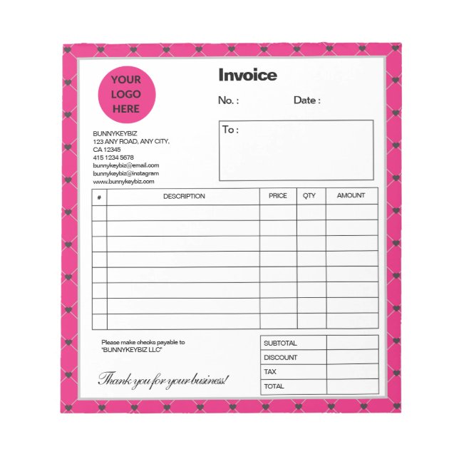 Hot Pink Black Plaid Company Business Invoice Notepad (Front)
