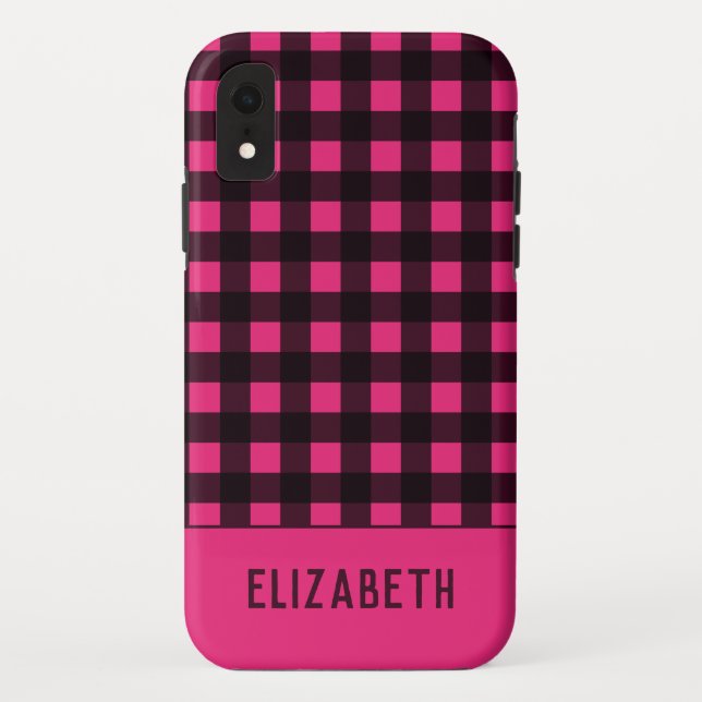 Hot Pink Black Plaid Name Case-Mate iPhone Case (Back)