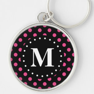 Hot Pink Black Polka Dots Monogram Key Ring