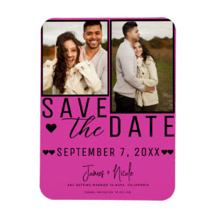 Hot Pink & Black Save the Date 2 Photo Wedding Magnet