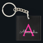 Hot Pink Black Script Girly Monogram Name<br><div class="desc">Black and Hot Pink Simple Script Monogram Name Keychain. This makes the perfect sweet 16 birthday,  wedding,  bridal shower,  anniversary,  baby shower or bachelorette party gift for someone that loves glam luxury and chic styles.</div>