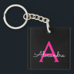 Hot Pink Black Script Girly Monogram Name<br><div class="desc">Black and Hot Pink Simple Script Monogram Name Keychain. This makes the perfect sweet 16 birthday,  wedding,  bridal shower,  anniversary,  baby shower or bachelorette party gift for someone that loves glam luxury and chic styles.</div>