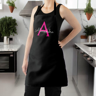 Hot Pink Black Script Girly Monogram Name Apron