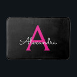 Hot Pink Black Script Girly Monogram Name Bath Mat<br><div class="desc">Black and Hot Pink Simple Script Monogram Name Bath Mats. This makes the perfect graduation,  birthday,  wedding,  bridal shower,  anniversary,  baby shower or bachelorette party gift for someone that loves glam luxury and chic styles.</div>