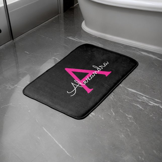 Hot Pink Black Script Girly Monogram Name Bath Mat (Creator Uploaded)