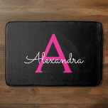 Hot Pink Black Script Girly Monogram Name Bath Mat<br><div class="desc">Black and Hot Pink Simple Script Monogram Name Bath Mats. This makes the perfect graduation,  birthday,  wedding,  bridal shower,  anniversary,  baby shower or bachelorette party gift for someone that loves glam luxury and chic styles.</div>