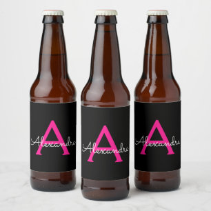Hot Pink Black Script Girly Monogram Name Beer Bottle Label