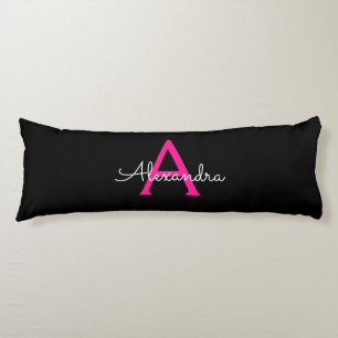 Hot Pink Black Script Girly Monogram Name Body Cushion