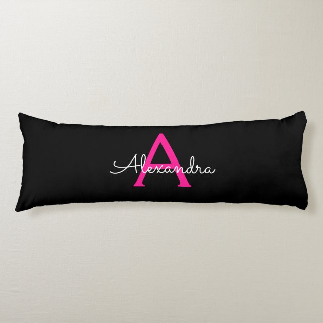Hot Pink Black Script Girly Monogram Name Body Cushion (Front)