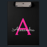 Hot Pink Black Script Girly Monogram Name Clipboard<br><div class="desc">Black and Hot Pink Monogram Name Planning Clipboard. This makes the perfect sweet 16 birthday,  wedding,  bridal shower,  anniversary,  baby shower or bachelorette party gift for someone that loves glam luxury and chic styles.</div>