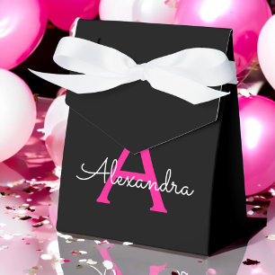 Hot Pink Black Script Girly Monogram Name Favour Box
