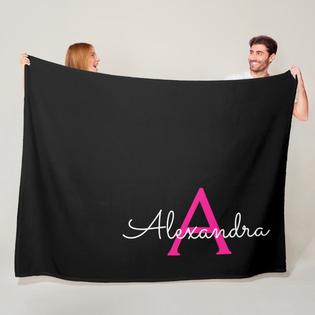 Hot Pink Black Script Girly Monogram Name Fleece Blanket (In Situ)