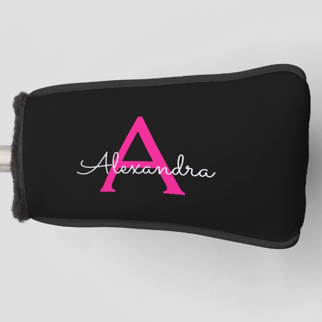 Hot Pink Black Script Girly Monogram Name Golf Head Cover (Front)