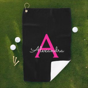 Hot Pink Black Script Girly Monogram Name Golf Towel