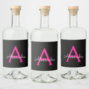 Hot Pink Black Script Girly Monogram Name Liquor Bottle Label
