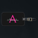 Hot Pink Black Script Girly Monogram Name Luggage Tag<br><div class="desc">Black and Hot Pink Monogram Add your own Name Script Luggage Bag Tag The bag tag makes the perfect sweet 16 birthday,  wedding,  bridal shower,  baby shower or bachelorette party gift for someone decorating her room in style.</div>