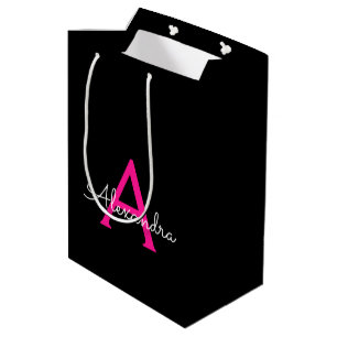 Hot Pink Black Script Girly Monogram Name Medium Gift Bag