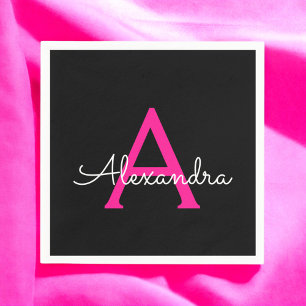 Hot Pink Black Script Girly Monogram Name Napkin