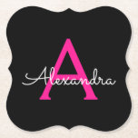 Hot Pink Black Script Girly Monogram Name Paper Coaster<br><div class="desc">Black and Hot Pink Simple Script Monogram Name Paper Coasters. This makes the perfect graduation,  birthday,  wedding,  bridal shower,  anniversary,  baby shower or bachelorette party gift for someone that loves glam luxury and chic styles.</div>