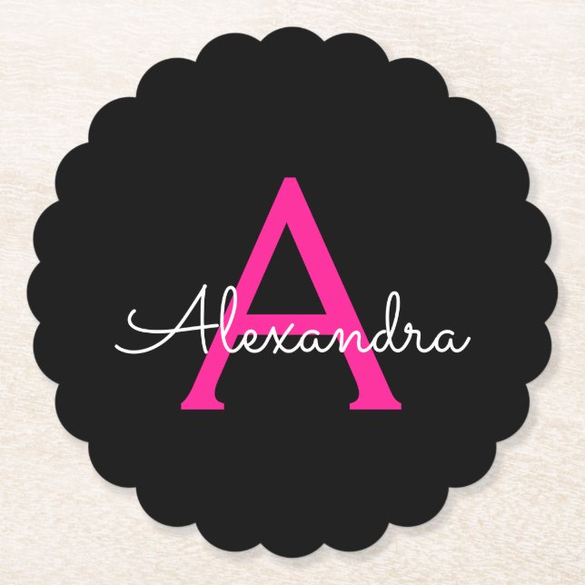 Hot Pink Black Script Girly Monogram Name Paper Coaster (Front)