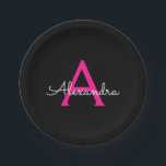 Hot Pink Black Script Girly Monogram Name Paper Plate<br><div class="desc">Hot Pink and Black Monogram Add Your Own Name Script Party Plates. This makes the perfect sweet 16 birthday,  wedding,  bridal shower,  anniversary,  baby shower or bachelorette party gift for someone that loves glam luxury and chic styles.</div>