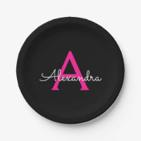 Hot Pink Black Script Girly Monogram Name
