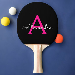 Hot Pink Black Script Girly Monogram Name Ping Pong Paddle