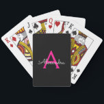 Hot Pink Black Script Girly Monogram Name Playing Cards<br><div class="desc">Black and Hot Pink Simple Script Monogram Name Playing Cards. This makes the perfect sweet 16 birthday,  wedding,  bridal shower,  anniversary,  baby shower or bachelorette party gift for someone that loves glam luxury and chic styles.</div>