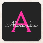 Hot Pink Black Script Girly Monogram Name Square Paper Coaster<br><div class="desc">Black and Hot Pink Simple Script Monogram Name Paper Coasters. This makes the perfect graduation,  birthday,  wedding,  bridal shower,  anniversary,  baby shower or bachelorette party gift for someone that loves glam luxury and chic styles.</div>