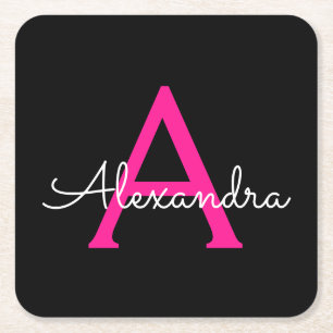 Hot Pink Black Script Girly Monogram Name Square Paper Coaster