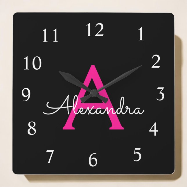 Hot Pink Black Script Girly Monogram Name Square Wall Clock (Creator Uploaded)