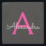 Hot Pink Black Script Girly Monogram Name Stone Coaster<br><div class="desc">Black and Hot Pink Simple Script Monogram Name Stone Tile. This makes the perfect graduation,  sweet 16 birthday,  wedding,  bridal shower,  anniversary,  baby shower or bachelorette party gift for someone that loves glam luxury and chic styles.</div>