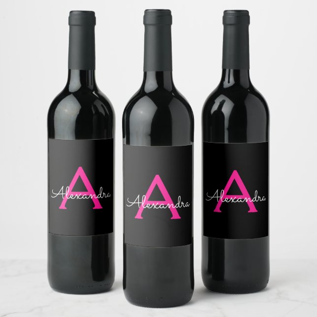 Hot Pink Black Script Girly Monogram Name Wine Label (Bottles)