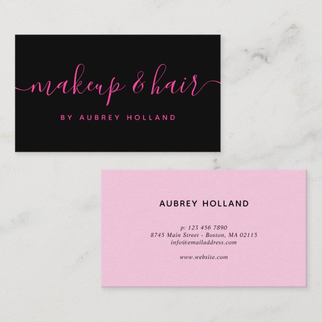 Hot Pink & Black Script Makeup Hair Business Card (Front/Back)
