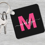 Hot Pink Black Script Name Monogram Key Ring<br><div class="desc">Create Your Own Stylish Modern Custom Black and Pink Monogram Square Keychain. This sleek square keychain brings a modern and personalised touch to your everyday essentials. The design features a bold hot pink monogram initial centred on a solid black background, with your name in elegant white script layered across it....</div>