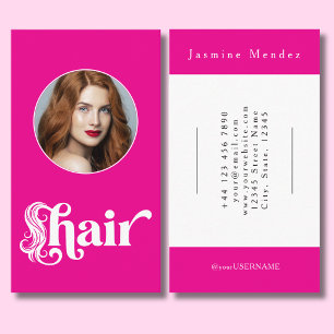 Hot Pink Black Script Photo Hair Stylist Business Card