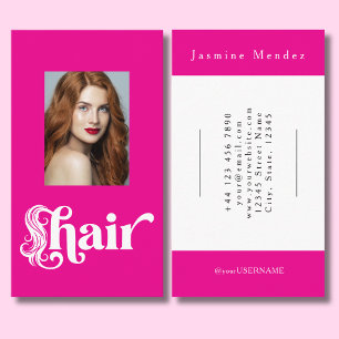 Hot Pink Black Script Photo Hairdresser Business Card