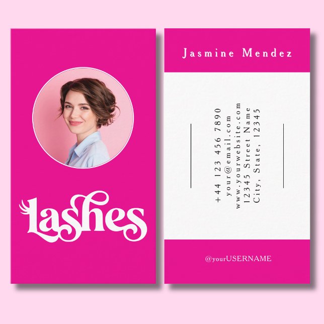 Hot Pink Black Script Photo Lash Tech  Business Card (Creator Uploaded)