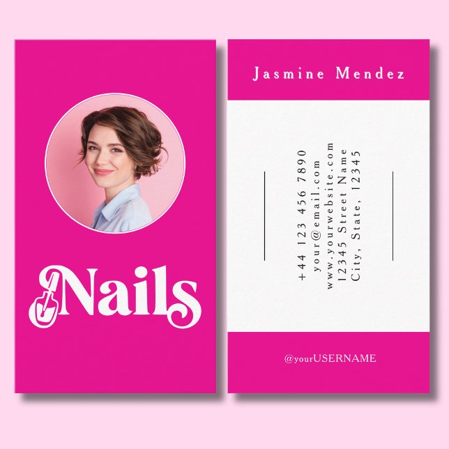 Hot Pink Black Script Photo Nail Tech Business Card (Creator Uploaded)