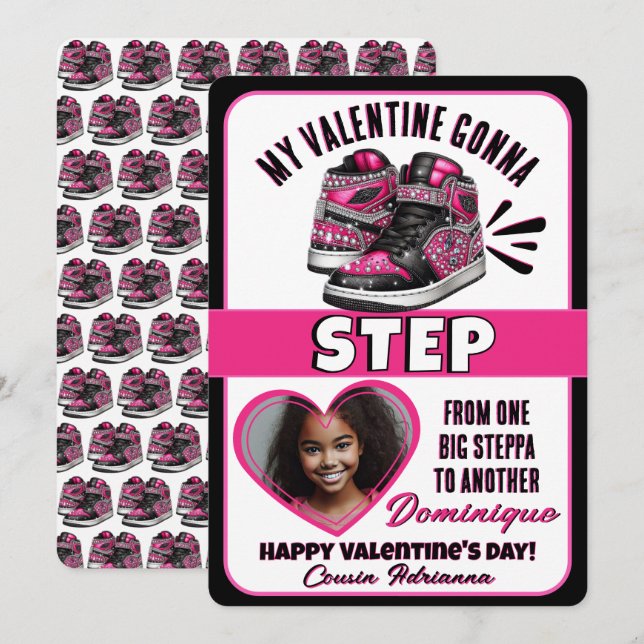 Hot Pink/Black Sneaker Photo Classroom Valentine Holiday Card (Front/Back)
