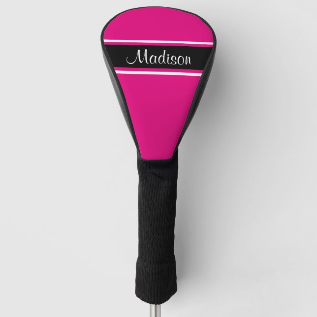 Hot Pink Black Stripe Script Name Monogram Golf Head Cover (Front)