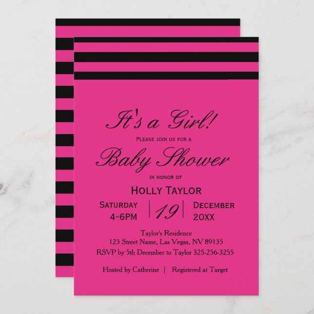 Hot Pink & Black Stripes Baby Shower Invitation (Front/Back)