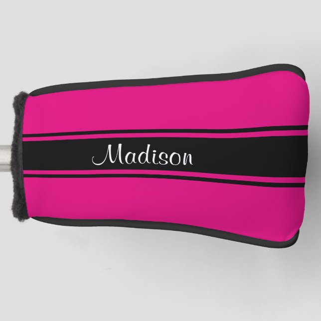 Hot Pink Black Stripes Name Script Monogram Golf Head Cover (Front)