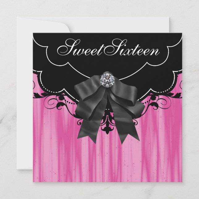 Hot Pink Black Sweet Sixteen Birthday Party Invita Invitation (Front)