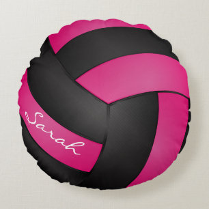 Hot Pink & Black Volleyball DIY Name Sport Round Cushion