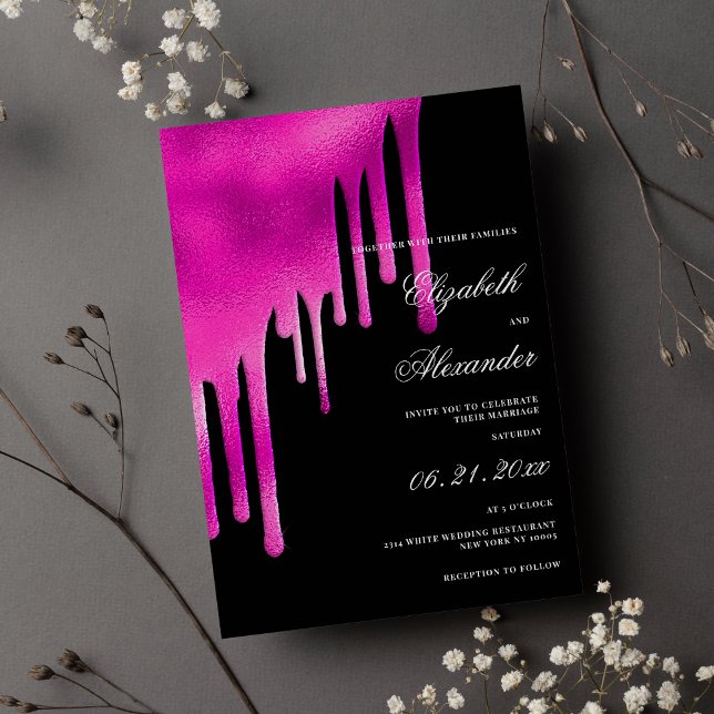 Hot pink black watercolor gradient drips wedding invitation (Hot pink black watercolor gradient drips wedding)